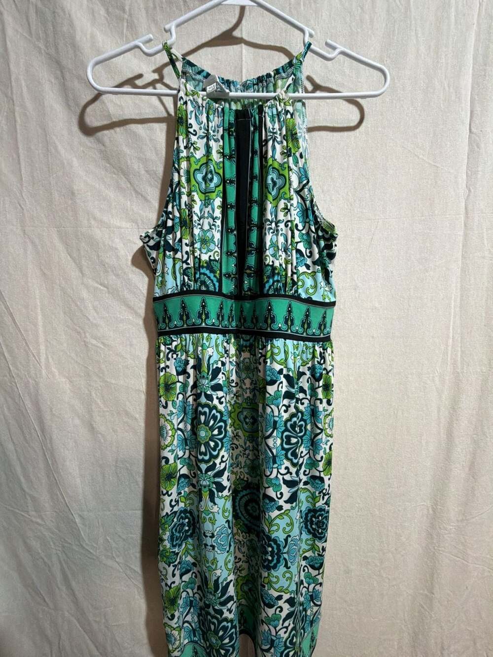 London Times Petite Halter Midi Dress Blue Teal White Paisley Print Size 12P